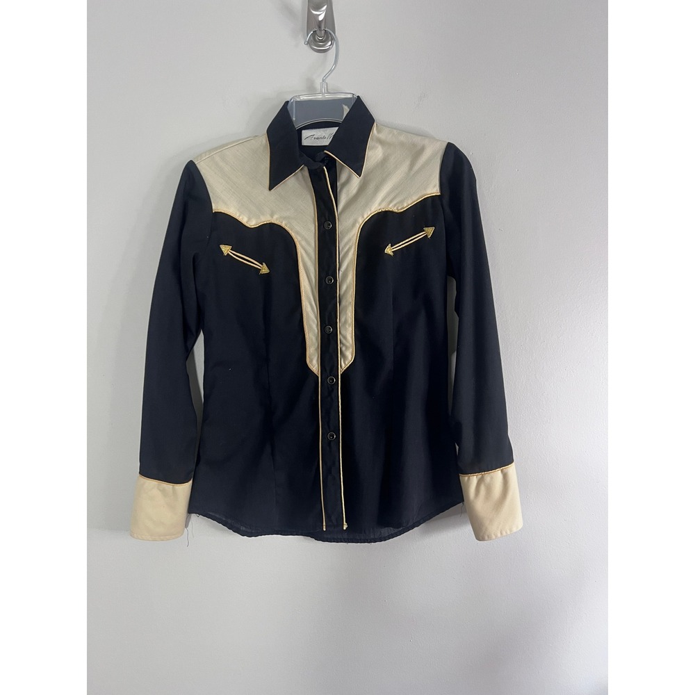 Vintage Avante West Western Shirt Black Cream Gold Piping Arrow Detail Women S
